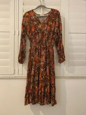 Floral V-Neck Long Sleeve Midi Dress - Brown Multi